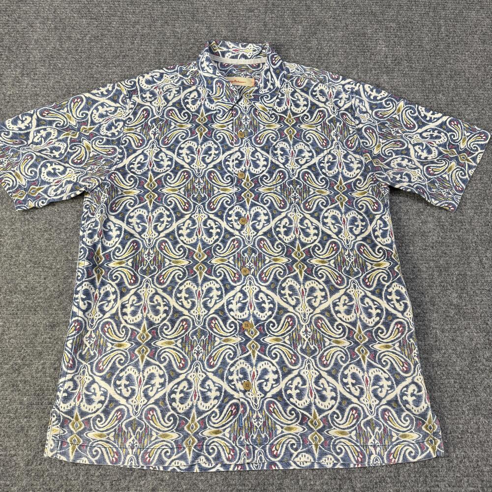 Tommy Bahama Shirt Mens Medium Blue Paisley 100% Silk Short Sleeve Button Front